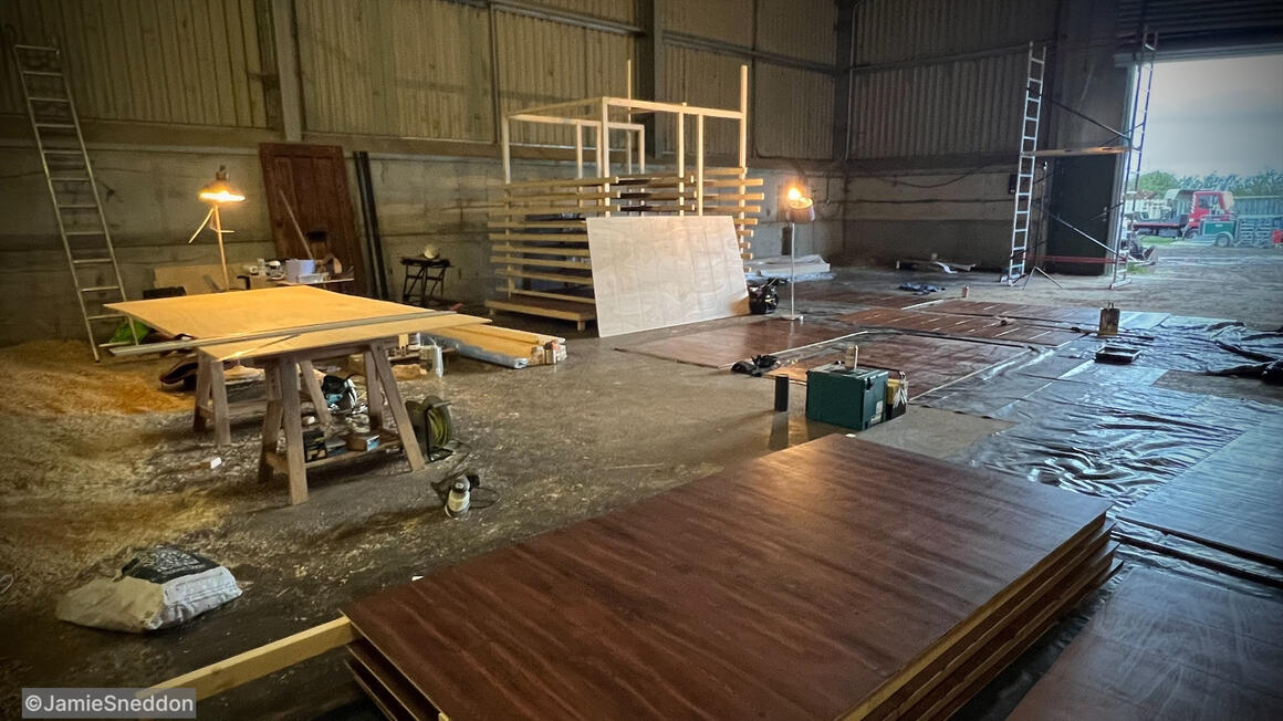 Pinocchio Unstrung: Geppetto’s Workshop build - I built 22 4ft x 11ft oak finished flats remotely and transported them to set.