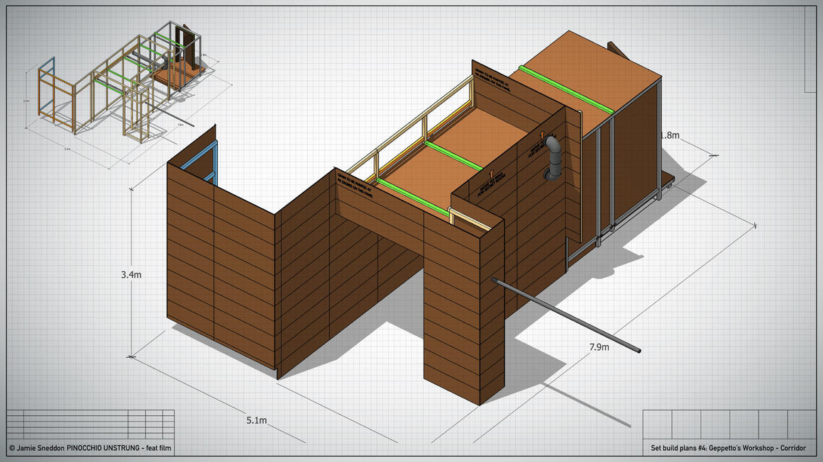 Pinocchio Unstrung - Geppetto’s Workshop - an overview of the 3D plans for the corridor section of the workshop build..
